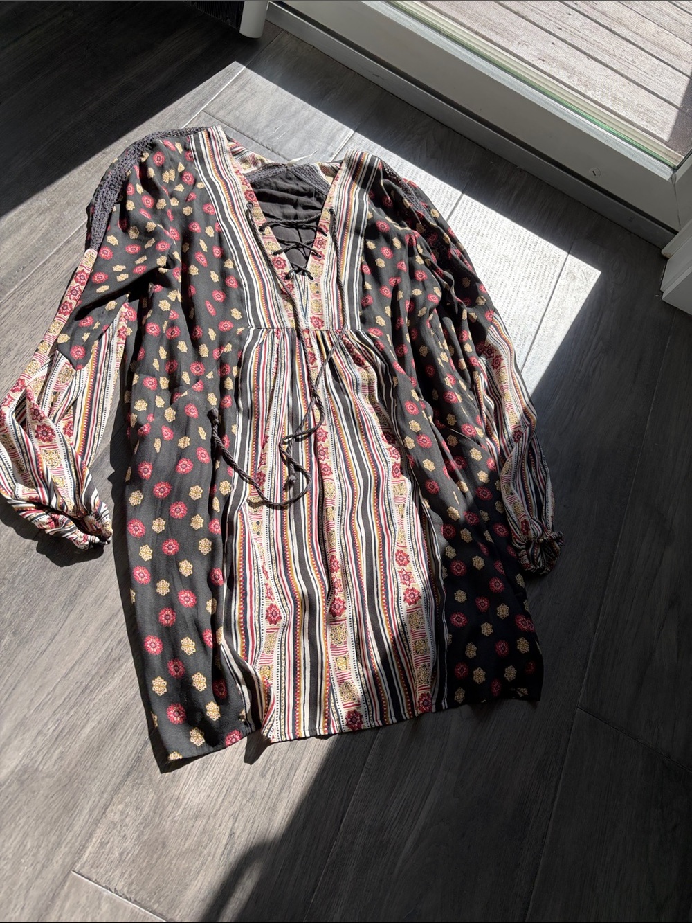 Free People Boho Striped & Floral V-Neck Peasant dress - brown XS